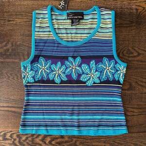 Y2K No Boundaries Knitted Blue Striped Floral Tank Top, Women's Size M